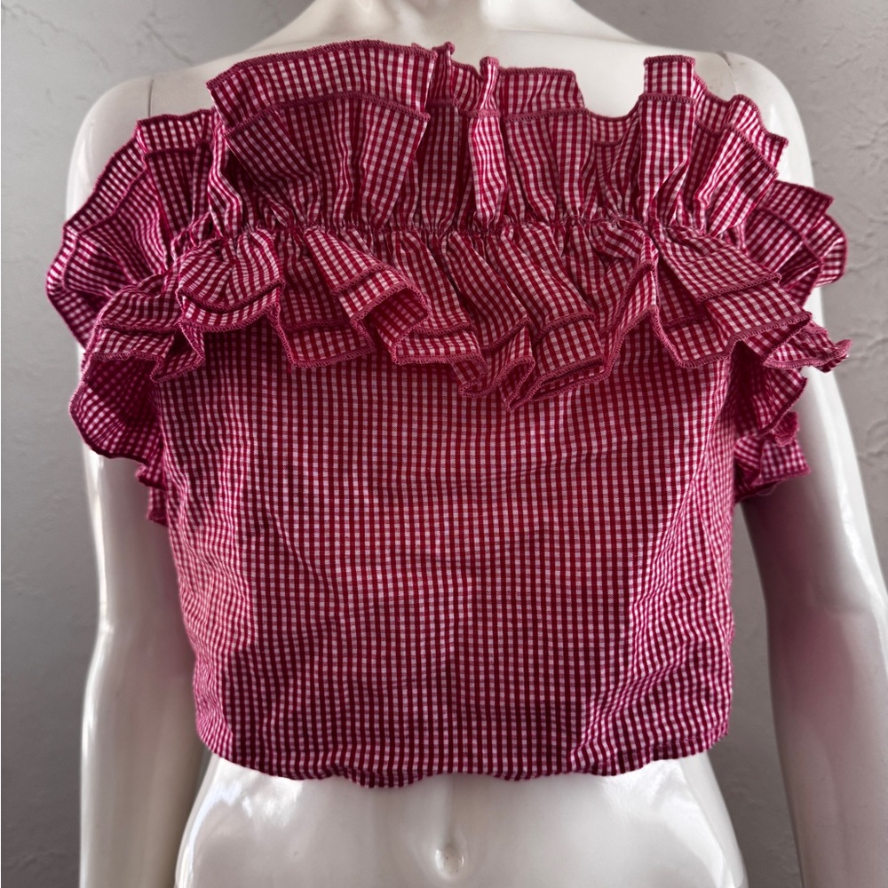 Cider White and Red Ruffled Smocked Crop Top